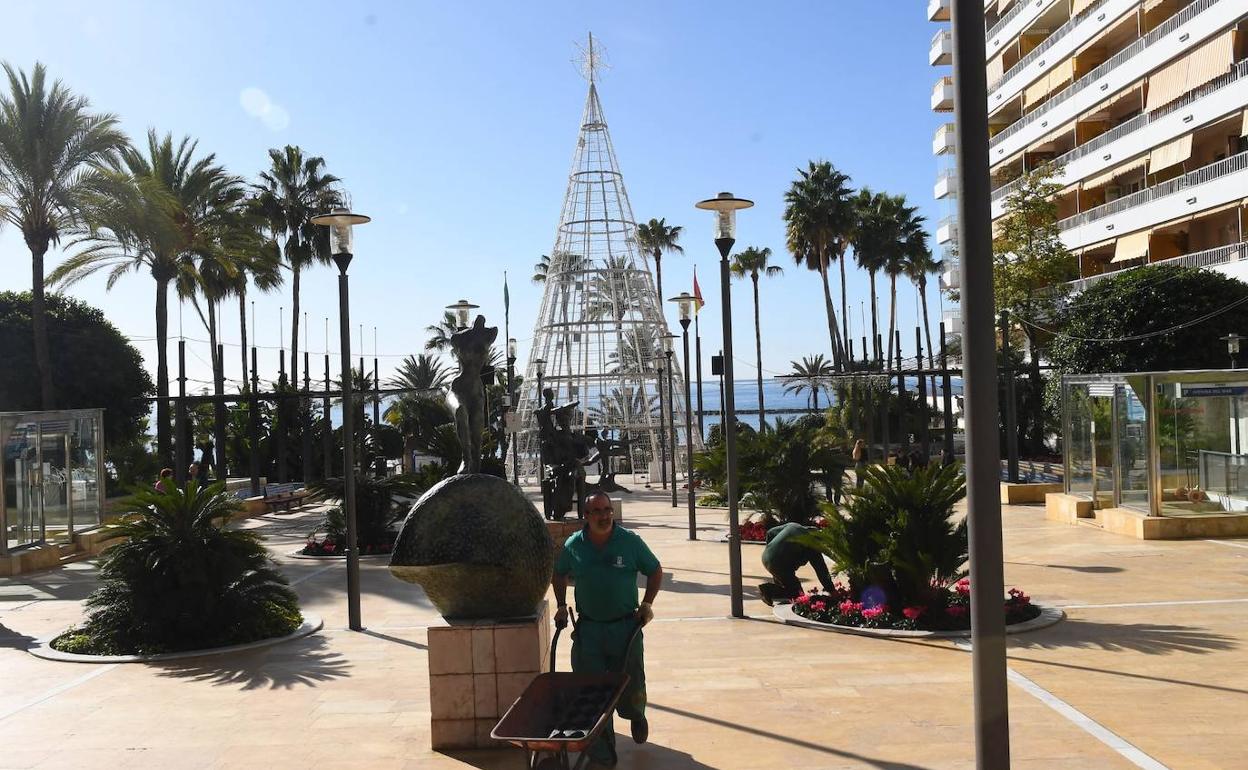 Operarios, ayer, en labores de plantación en la Avenida del Mar, donde se ha instalado un gran árbol de Navidad.