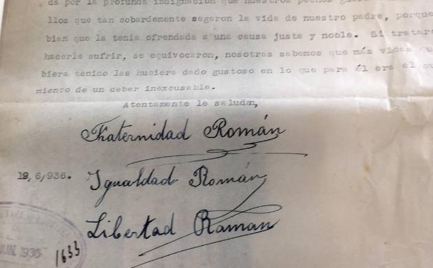 Carta de agradecimiento de las hijas de Román Reina a la Diputación por el pésame.