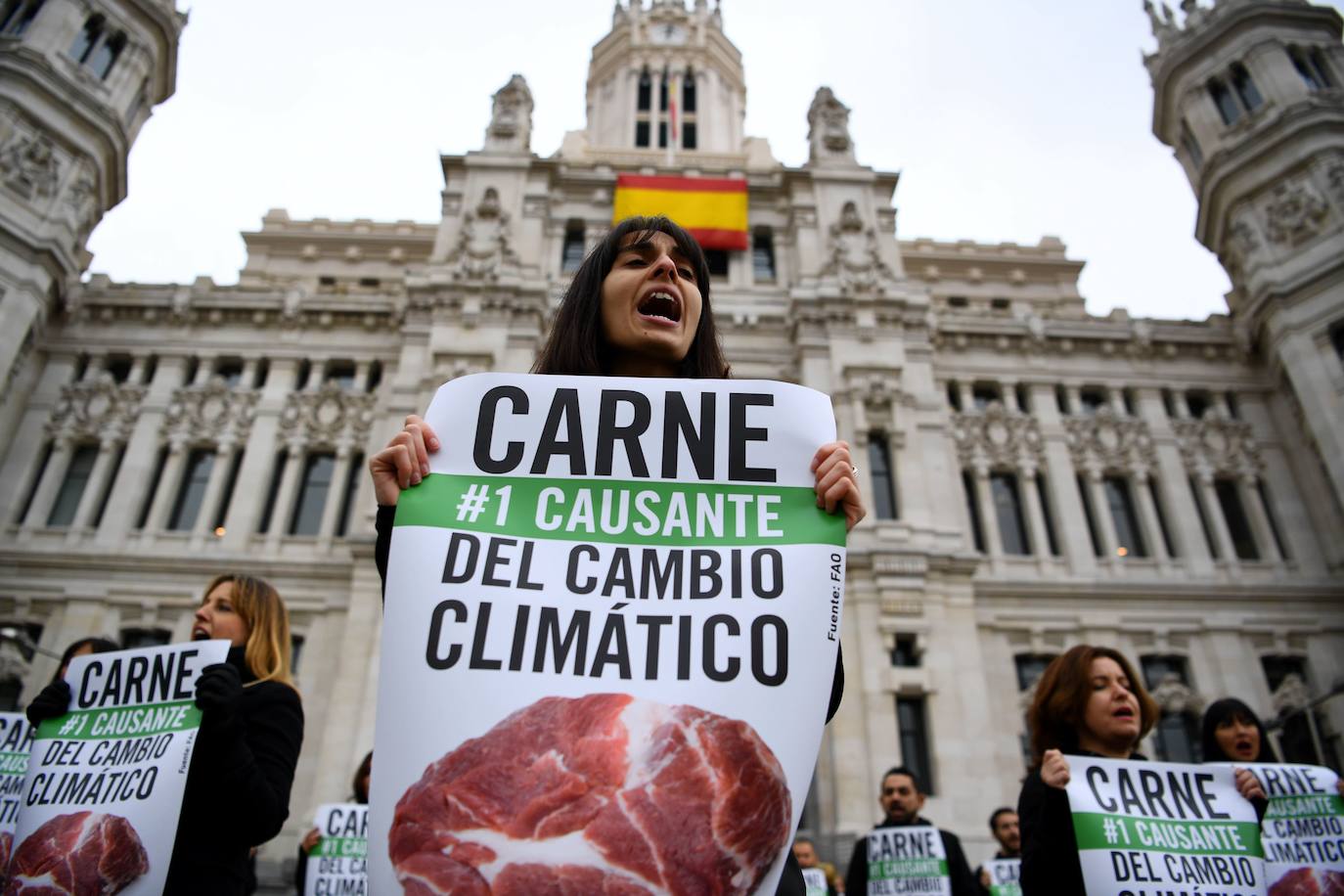 Activistas de la organización AnimaNaturalis en una protesta en Madrid el día antes de la inauguración