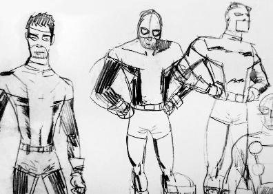 Imagen secundaria 1 - Arriba, Quim Gutiérrez, en el papel de Titán, en la serie 'El Vecino' de Netflix. Abajo, primeros bocetos del traje de Titán, creados por Pepo Pérez, junto a Santiago García, y el diseño definitivo del personaje en el cómic. 