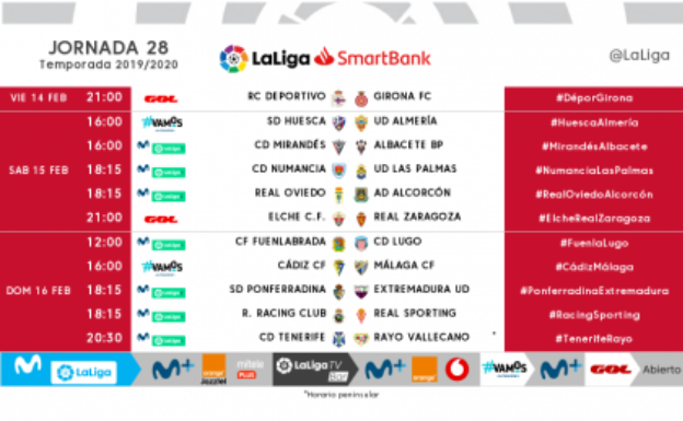 Los horarios de la vigésima octava jornada en Segunda División. 