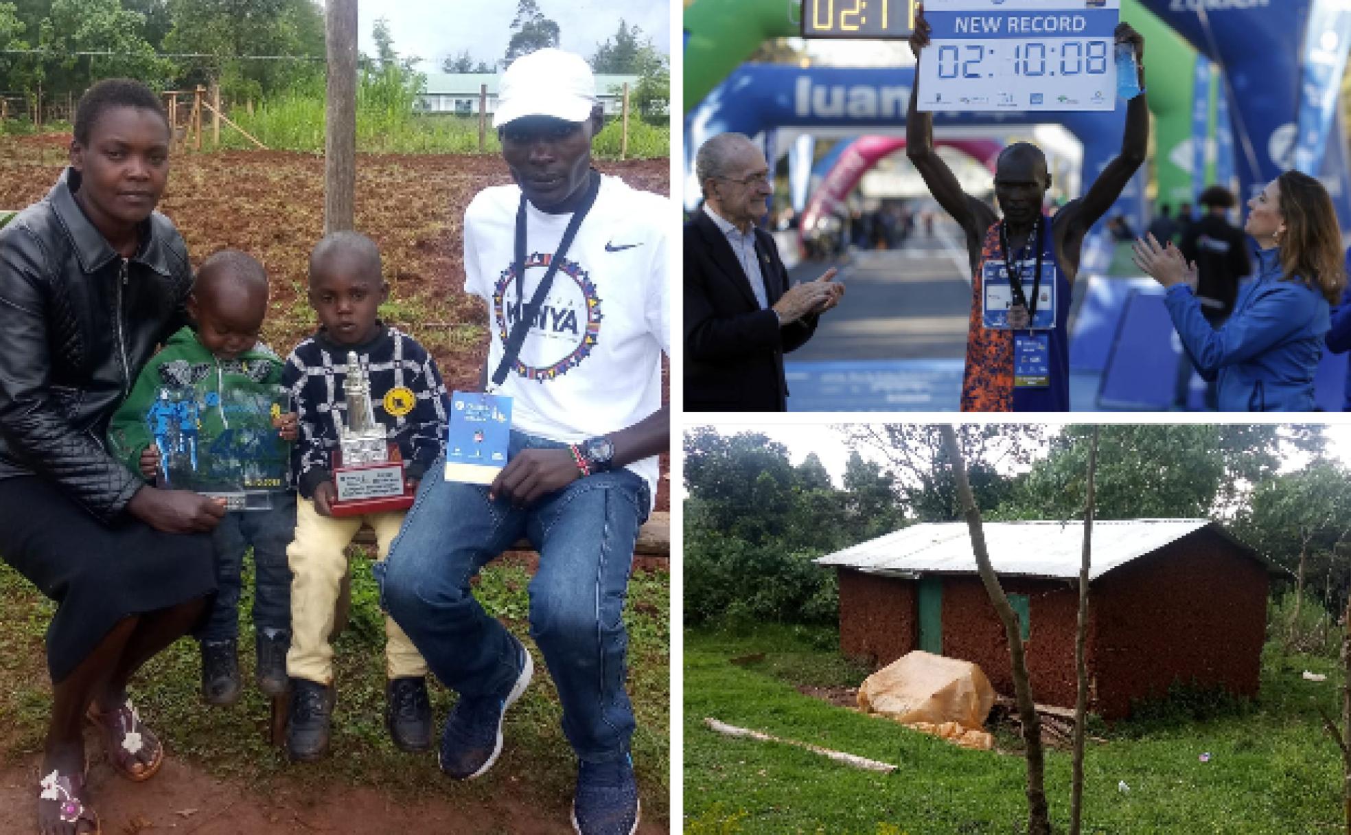 Martin Cheruiyot, con su mujer y dos hijos y el premio de ganador del último maratón de Málaga. 