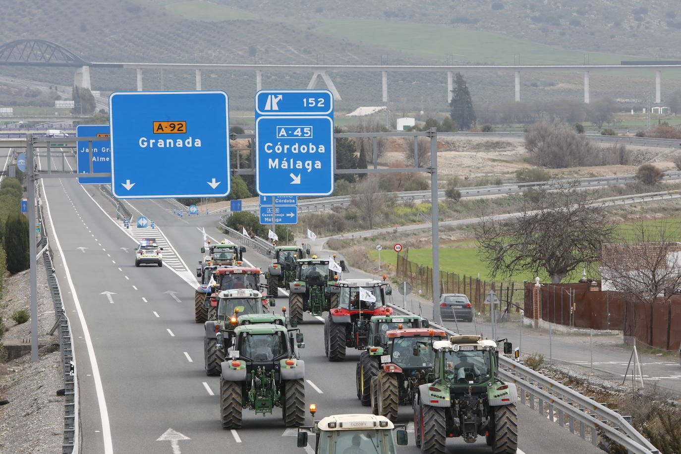 Las manifestaciones de agricultores y ganaderos que están recorriendo España desde el pasado mes de enero para protestar contra los bajos precios del aceite de oliva y de los productos hortofrutícolas han llegado a la provincia con una gran tractorada en el municipio de Antequera.