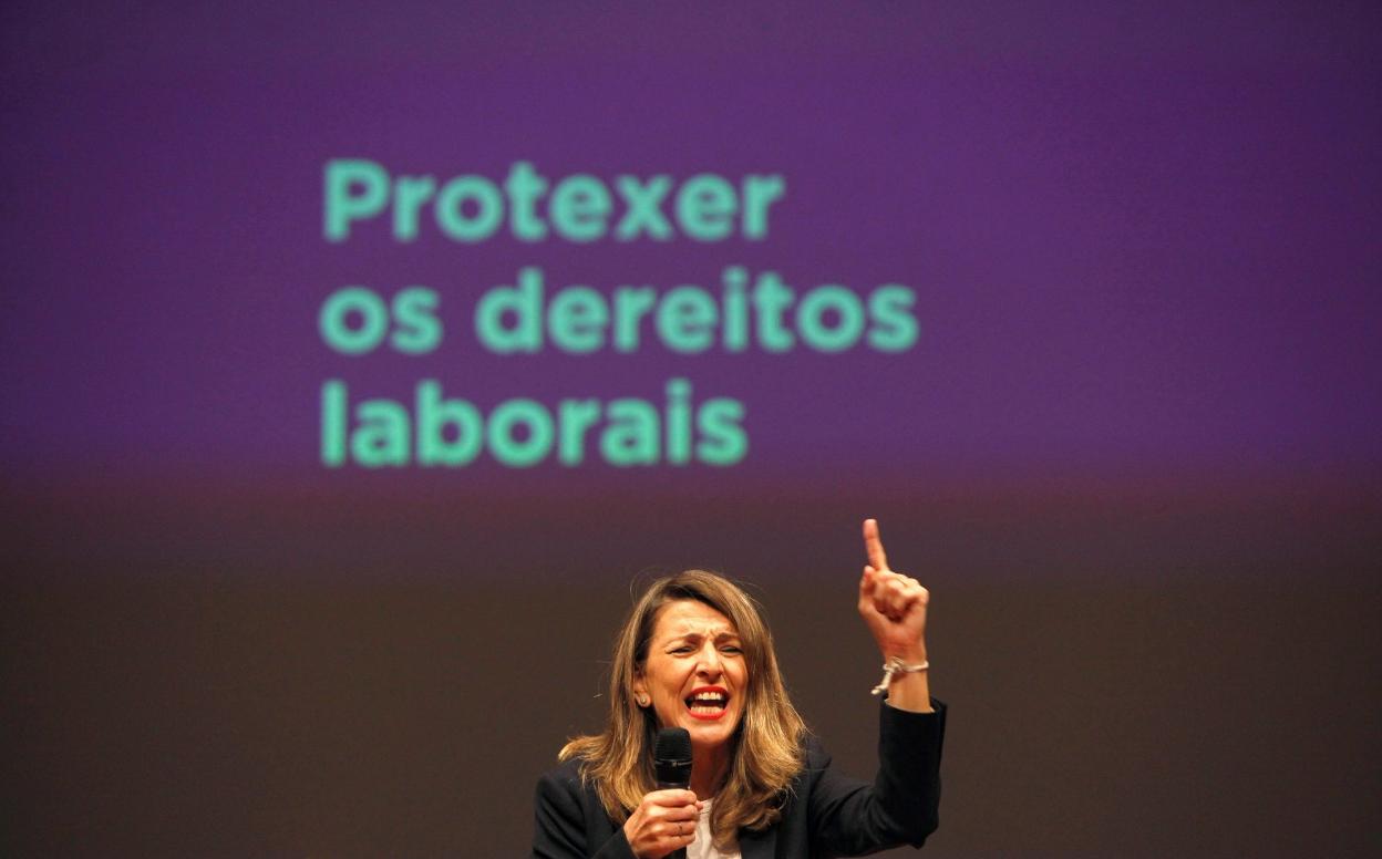 La ministra de Trabajo, Yolanda Díaz, en un acto político de Unidas Podemos. calabar / EFE