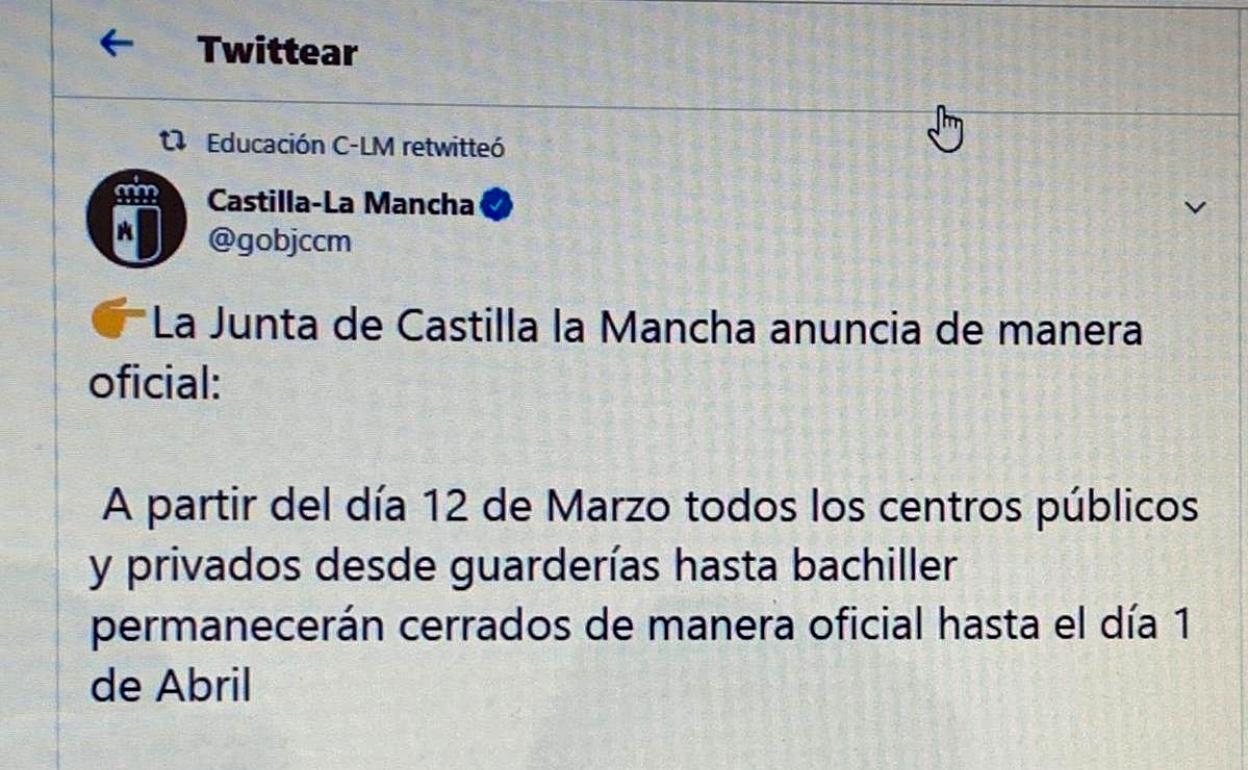 La Junta de Castilla-La Mancha denuncia un bulo en redes sociales sobre el cierre de colegios por el coronavirus