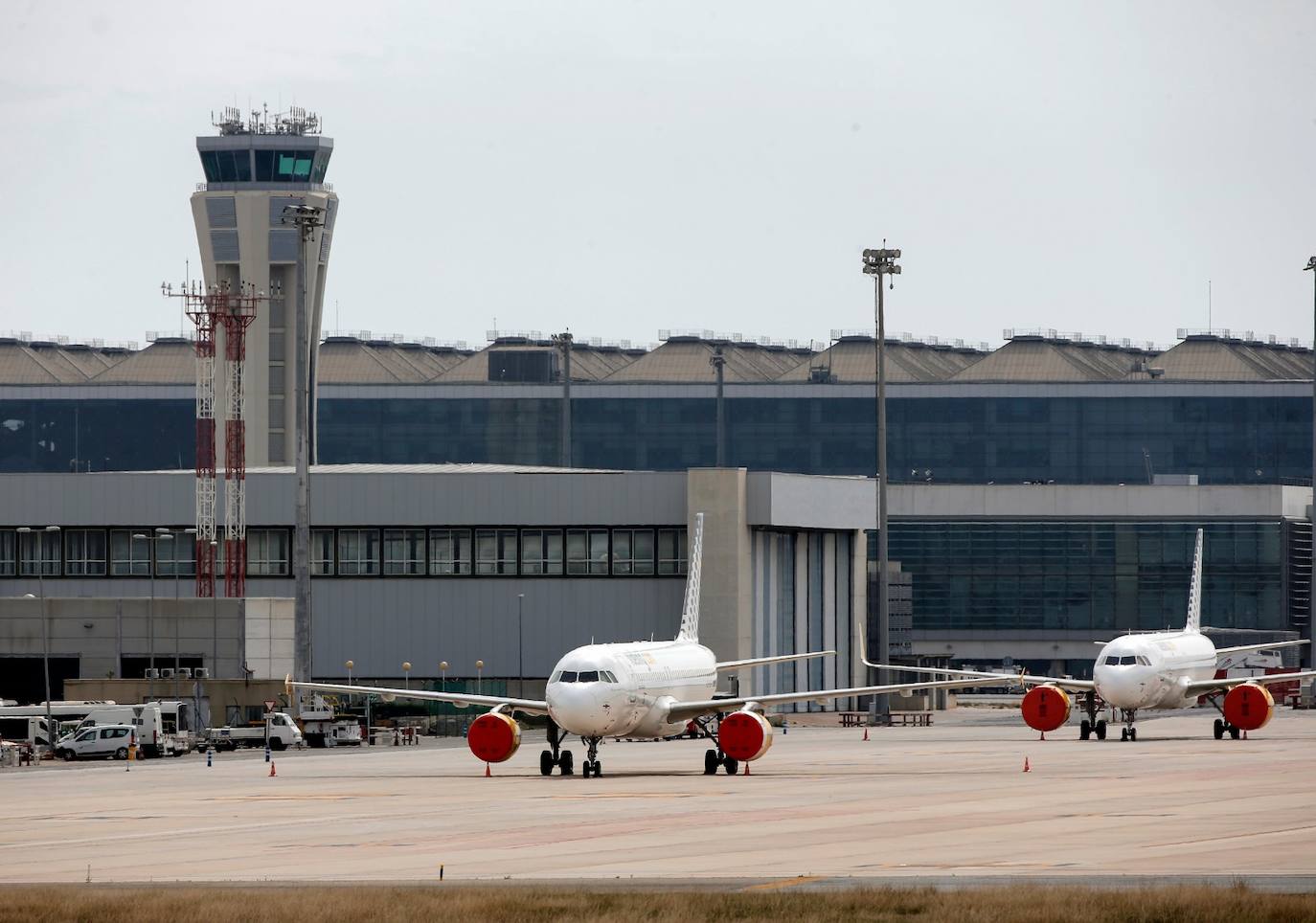 Mostradores de facturación y otras instalaciones del aeropuerto de Málaga vacíos este lunes. 