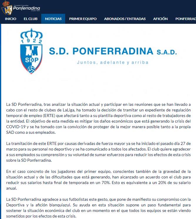 El comunicado oficial del ERTE en la Ponferradina. 