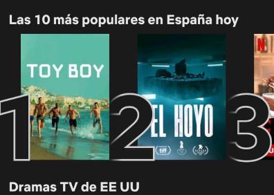 Imagen secundaria 1 - Listas de Netflix que sitúan a la serie 'Toy Boy' como la más vista de la plataforma en Argentina y España. A la derecha, la producción rodada en Málaga en el 'top ten' de Estados Unidos. 