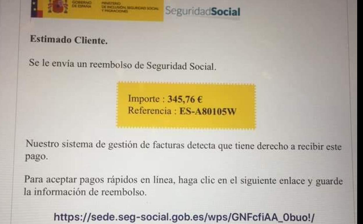 Ejemplo del correo falso en nombre de la Seguridad Social que está circulando. 