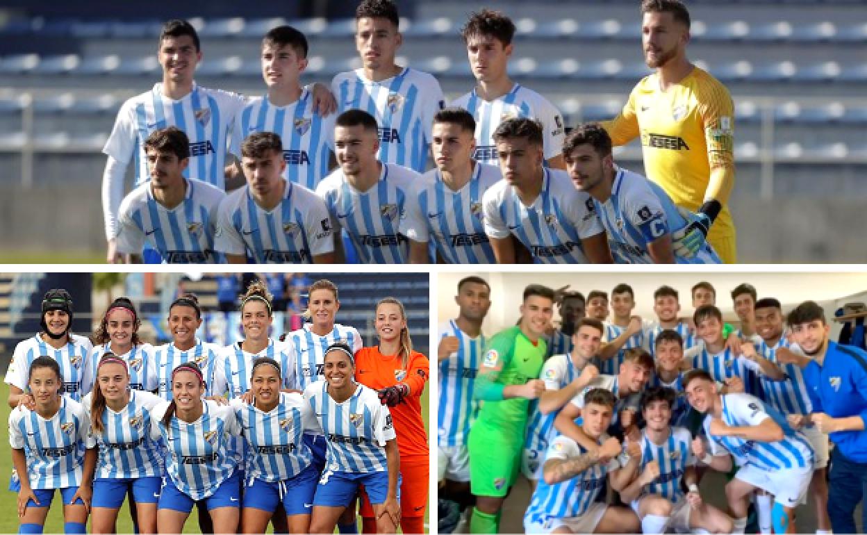 Algunos jugadores de las plantillas del Atlético Malagueño, Málaga Femenino y Juvenil División de Honor.