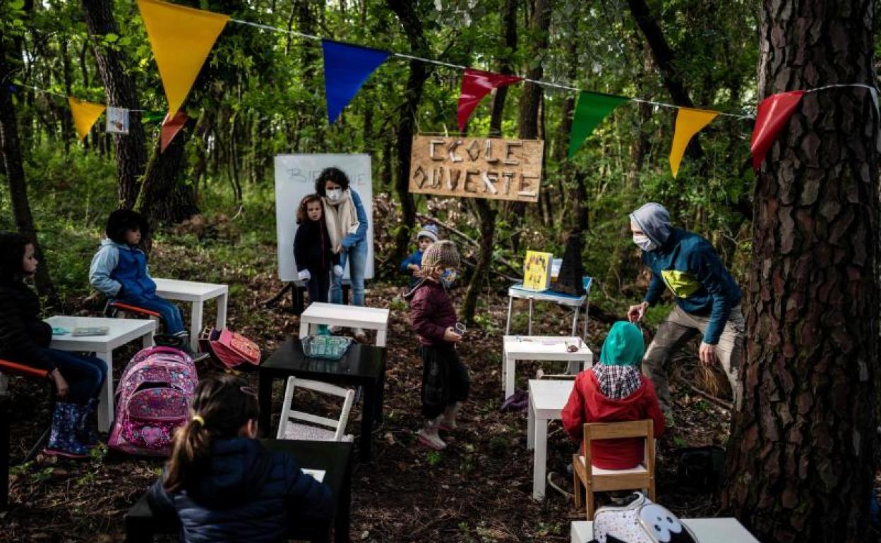 Un grupo de padres organiza una clase alternativa en un bosque cercano a Upie, en protesta por la decisión del Gobierno de reabrir la escuela del municipio.