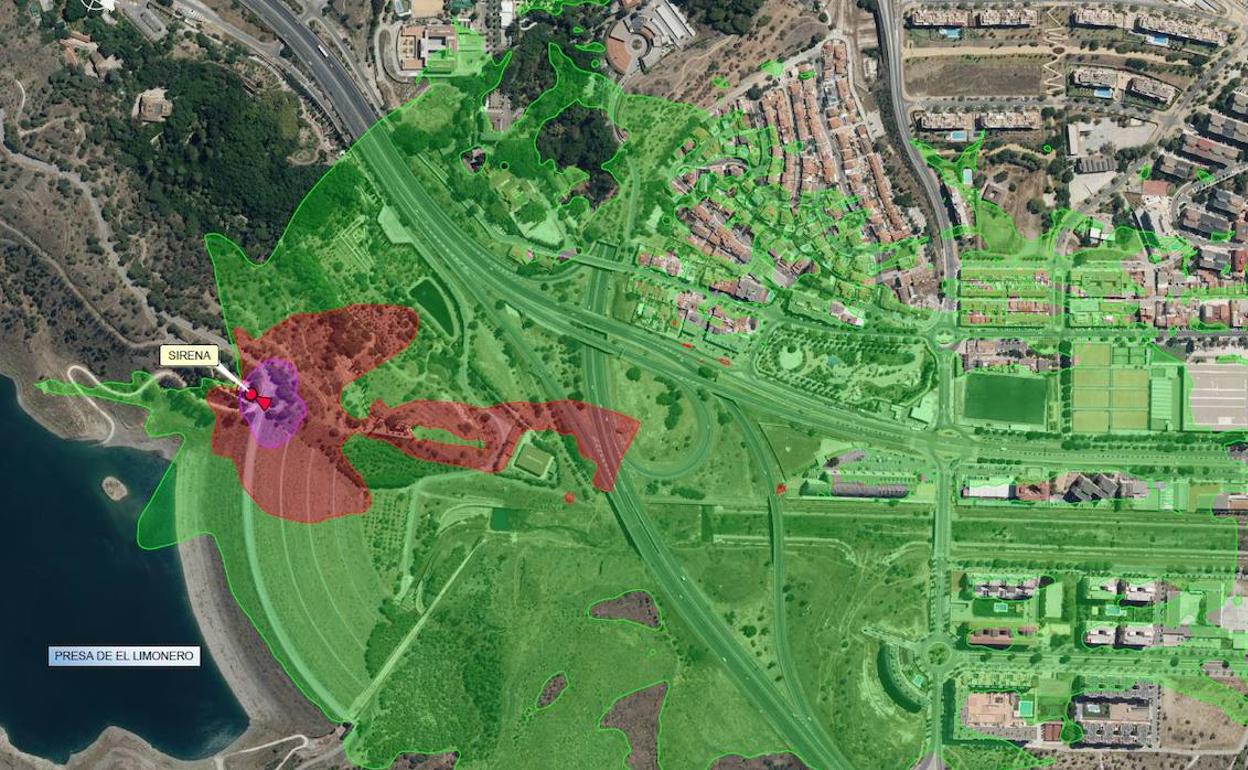 Zona que abarcaría la huella acústica de la sirena que se va a instalar junto a la presa del Limonero. 