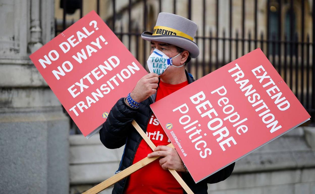 Un activista anti 'brexit' se manifiesta con pancartas y protegido con una mascarilla frente al Palacio de Westminster, en el centro de Londres. 