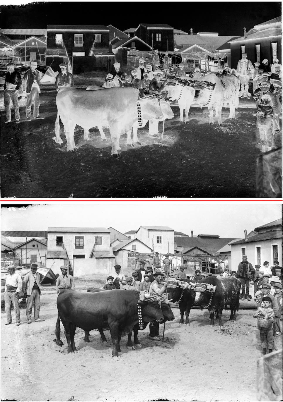 Playas de El Bulto. Hacia 1910. Arriba, negativo fotográfico con el mismo encuadre de la foto anterior. Abajo, positivo obtenido a partir de la digitalización del negativo original. La toma de esta imagen es casi inmediata a la anterior, solo media el tiempo de cambiar la placa sin mover la cámara del trípode; sin embargo, sus negativos se encuentran alojados en cajas distintas. Como puede verse por el código que nomina cada cliché, entre uno y otro hay veinte números de separación 