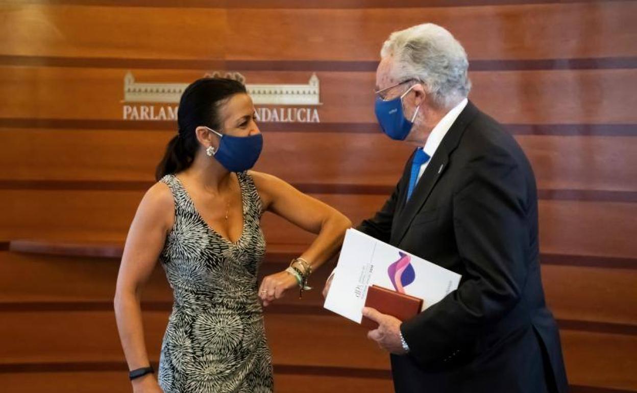 La presidenta del Parlamento de Andalucía, Marta Bosquet, saluda al Defensor del Pueblo Andaluz, Jesús Maeztu, momentos antes de hacerle entrega del informe anual de 2019, hoy en la Cámara andaluza.