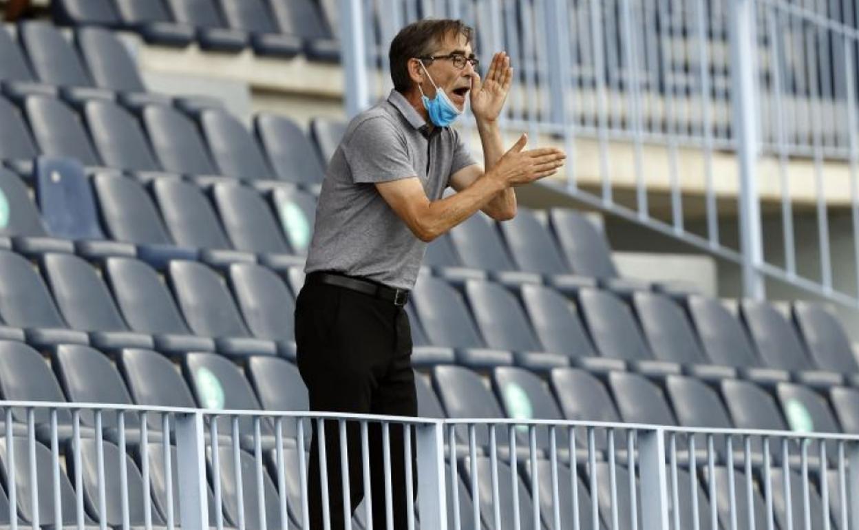 Fernando Vázquez, ayer desde la grada de La Rosaleda, donde cumplía otra sanción anterior, dirigiendo a su equipo durante el partido. 