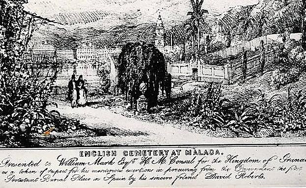 Grabado del Cementerio Inglés en la década de 1830, por David Roberts (Archivo Municipal de Málaga)