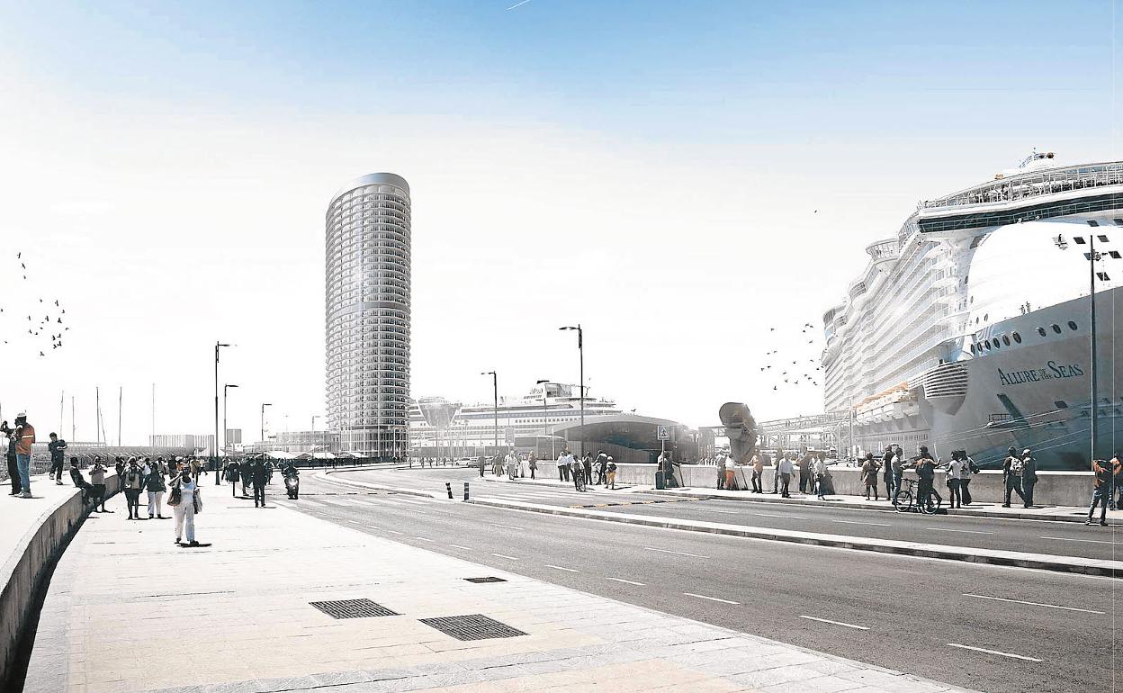 Recreación del hotel de lujo previsto en el dique de Levante del Puerto de Málaga. 