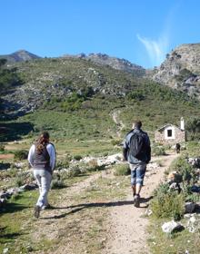 Imagen secundaria 2 - Arriba, indicaciones para el Llano de la Morena. Abajo, antiguo refugio del Llano Cristóbal, y, a la derecha, la mayor parte del recorrido discurre por caminos anchos.