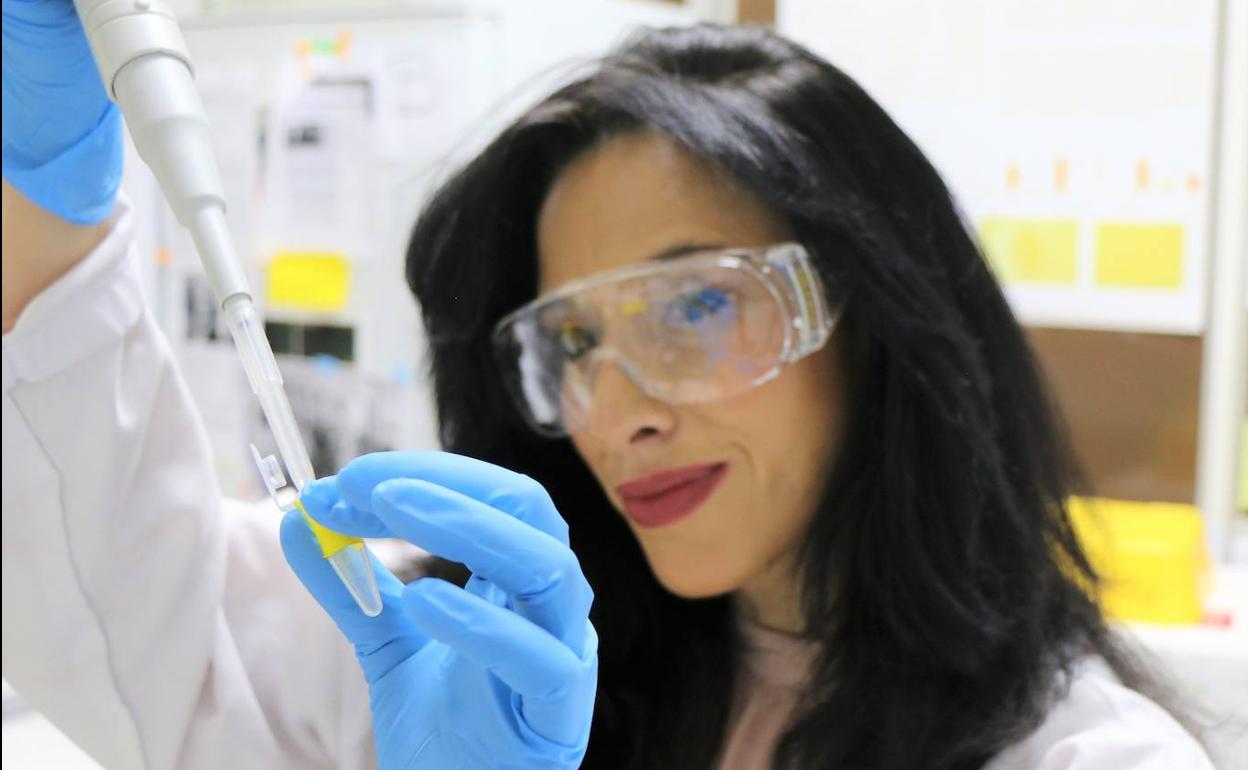 La profesora de la Universidad de Málaga y una de las autoras de este estudio, Noela Rodríguez, «con un clon de células con el plásmido de alfa-sinucleína a alta concentración donde se ve un pelotón de células con un proceso tumotorizado». 