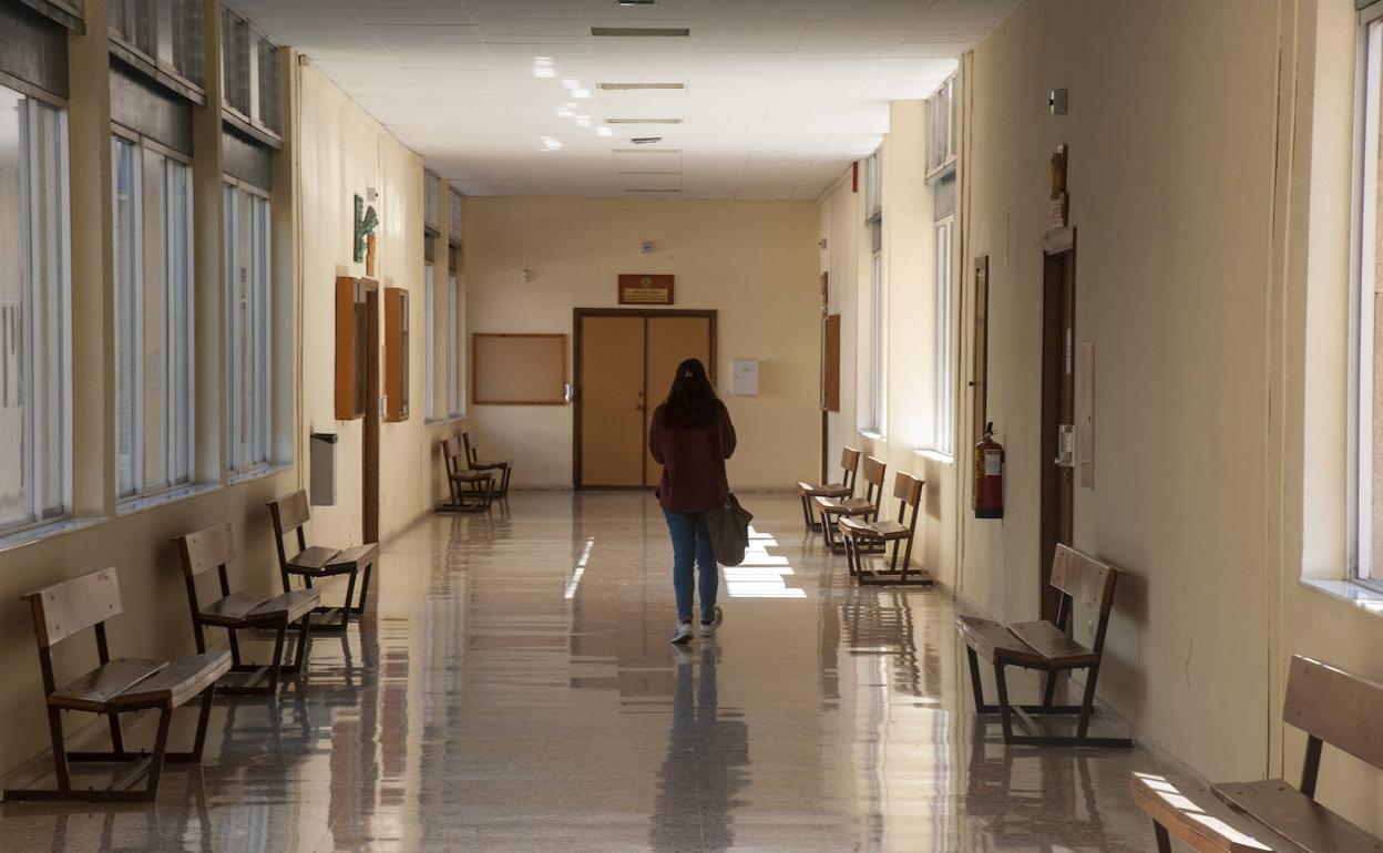 Un pasillo casi vacío en la Facultad de Medicina, que ha pasado a 'online' toda la docencia de asignaturas teóricas. 