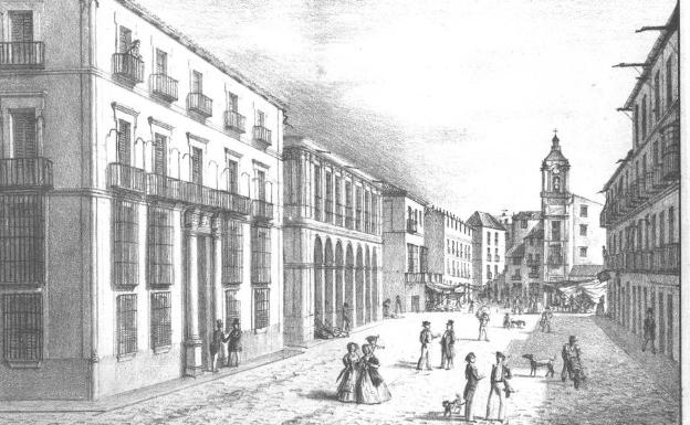 Imagen principal - Arriba, grabado de Puerta del Mar a principios del siglo XIX, el lugar donde unas décadas antes tenían lugar los ajusticiamientos. Abajo, a la izquierda, escudo de la Hermandad de la Caridad. Al lado, iglesia de San Julián, donde recibieron sepultura algunos reos 