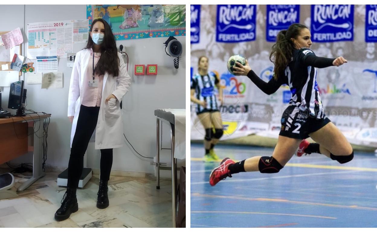 Martín, de prácticas en el Centro de Salud de Cártama Estación (izquierda) y jugando con el Rincón Fertilidad (derecha). 