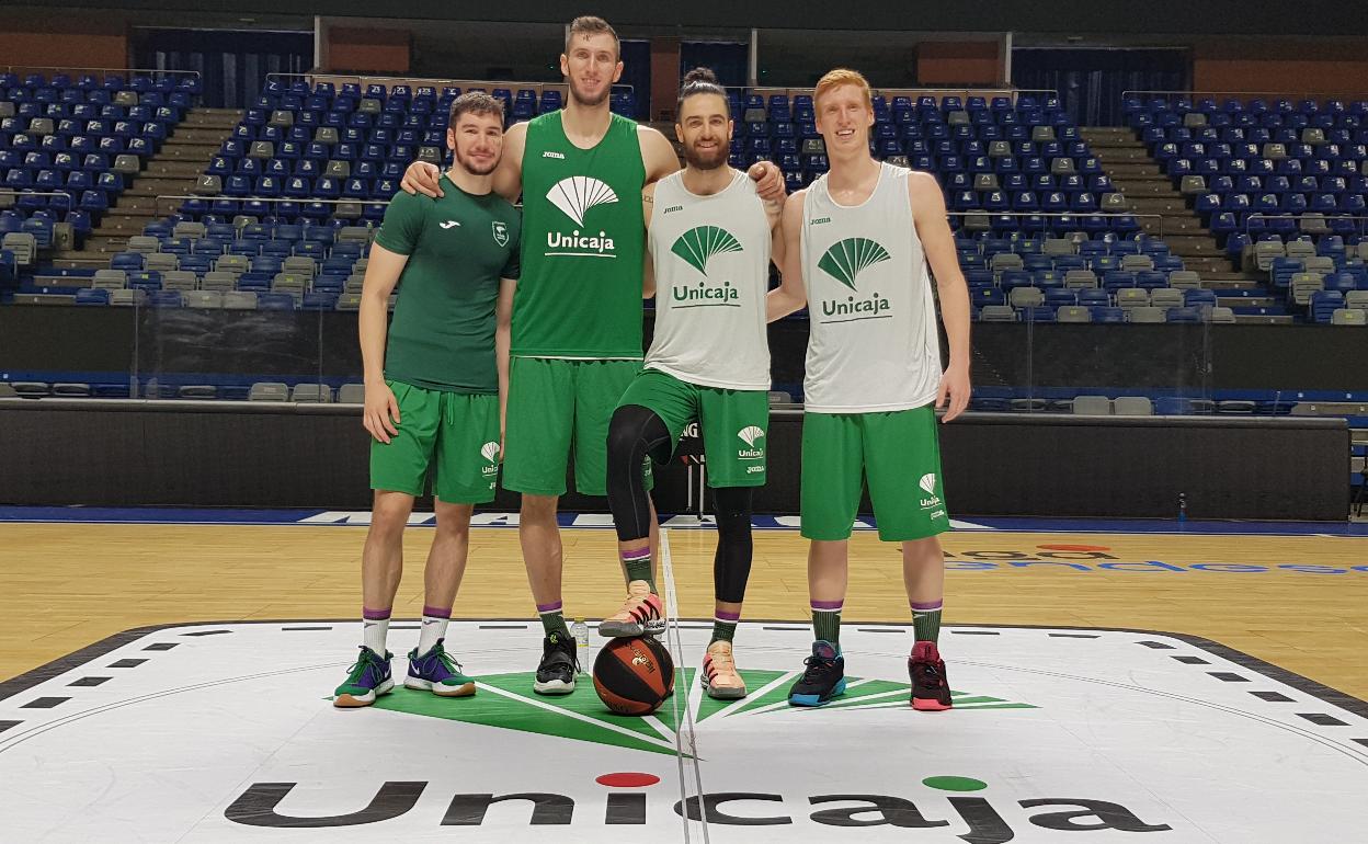 Los cuatro internacionales del Unicaja, Brizuela, Guerrero, Francis Alonso y Alberto Díaz, hoy en el Carpena. 