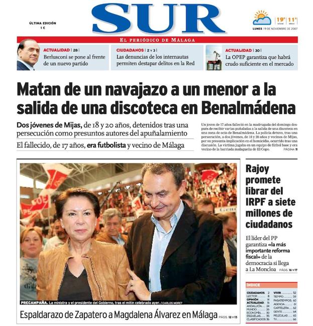 Portada de SUR del 19 de noviembre de 2007, el día después del crimen. 