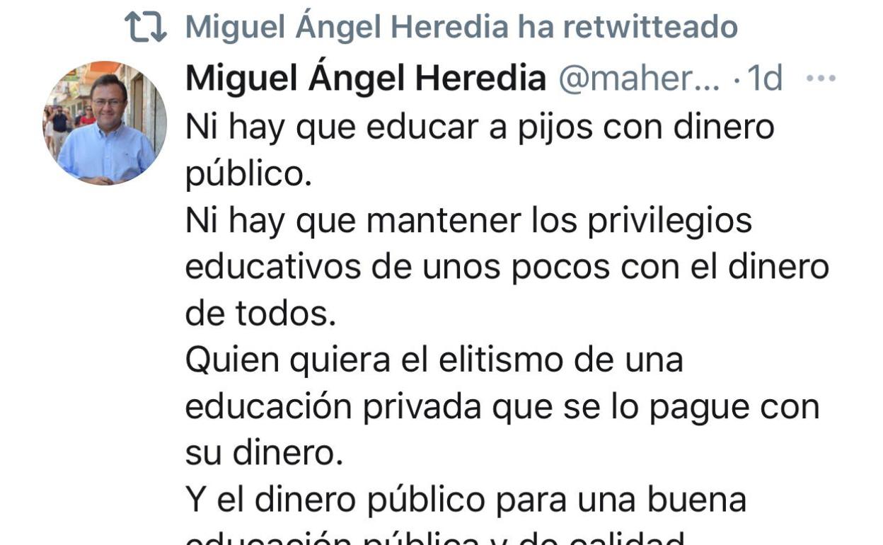 Vista del mensaje publicado en Twitter el mismo día de la marcha contra la ley Celáa.