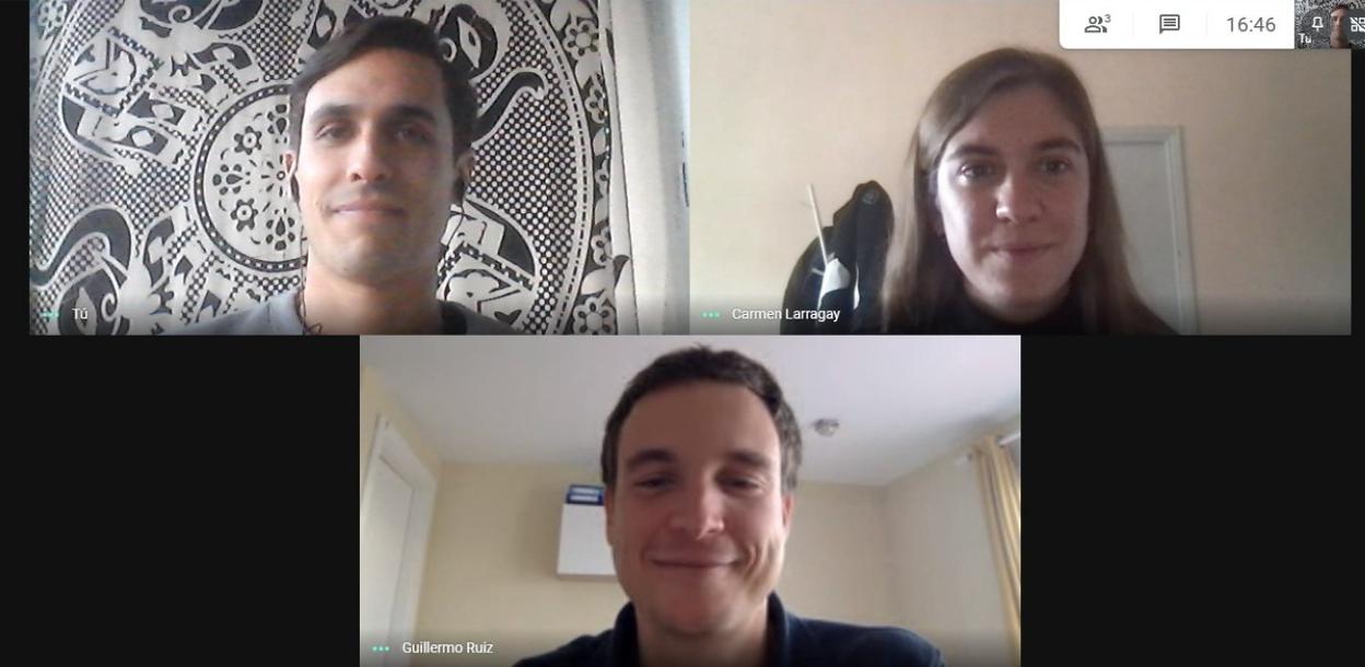 Los impulsores de Cartometrics, Pablo Arcas, Carmen Larragay y Guillermo Ruiz, en una videollamada. 