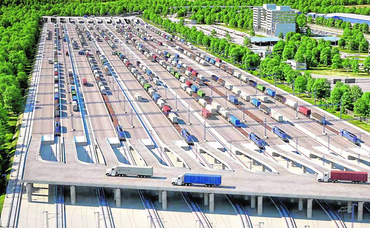 Recreación de la playa de vías de los trenes para cruzar el túnel colombiano. 