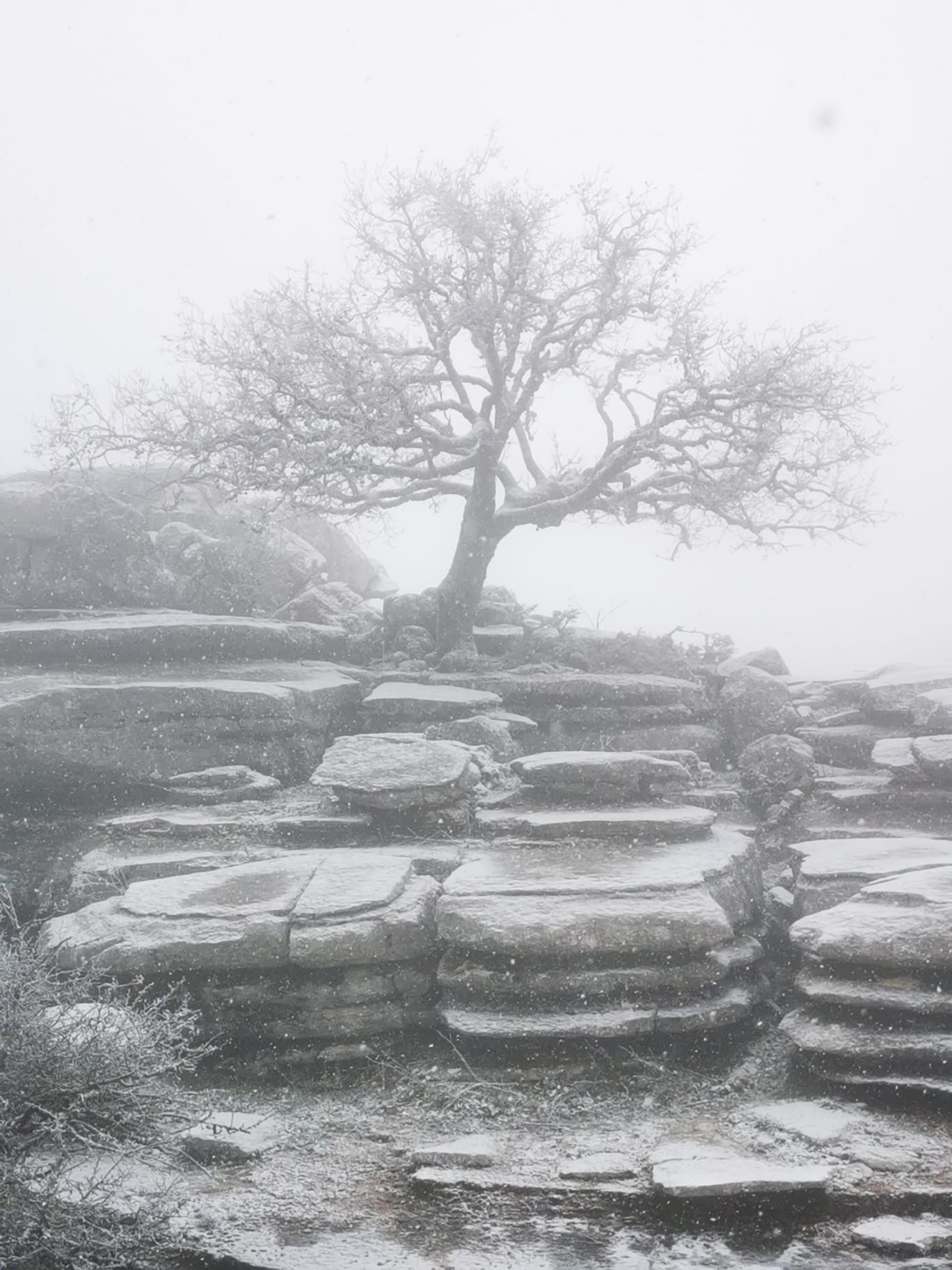 El Torcal de Antequera, bajo un manto blanco esta mañana.