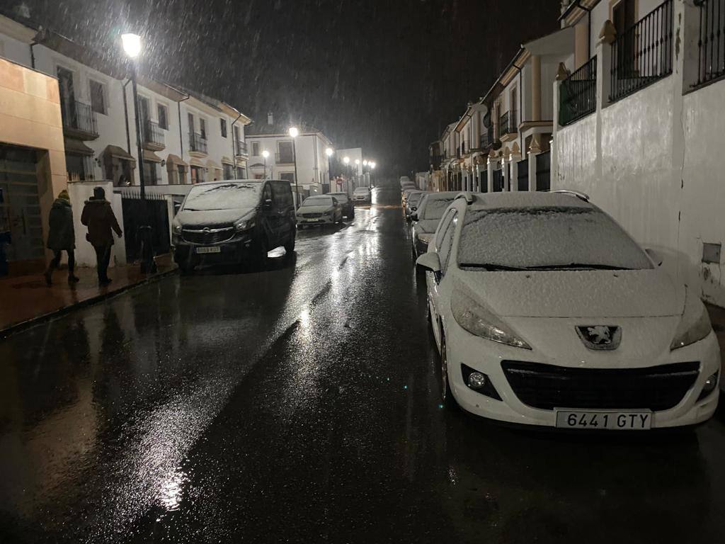 Copos caídos este domingo por la noche en Ronda. 