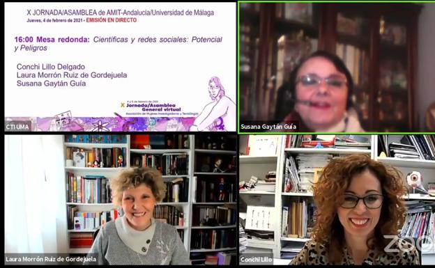 La mesa redonda 'Científicas y redes sociales: potencial y peligros' formada por Susana Gaytán Guía, Laura Morrón y Conchi Lillo