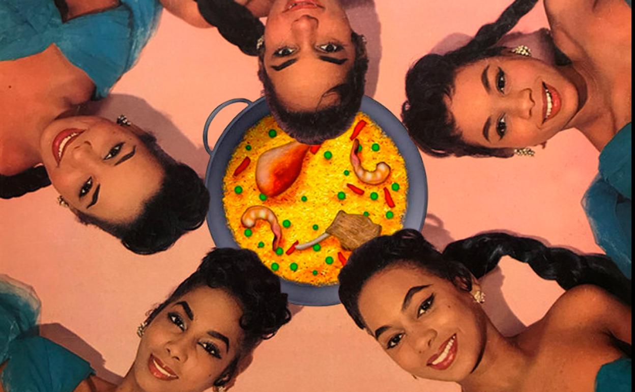 Portada de un álbum de las Hermanas Benítez y emoji de paella.