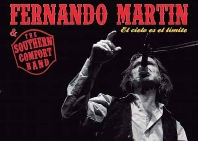 Imagen secundaria 1 - La Southern Comfort Band, al completo, junto a la portada del nuevo disco y una imagen de Fernando Martín.