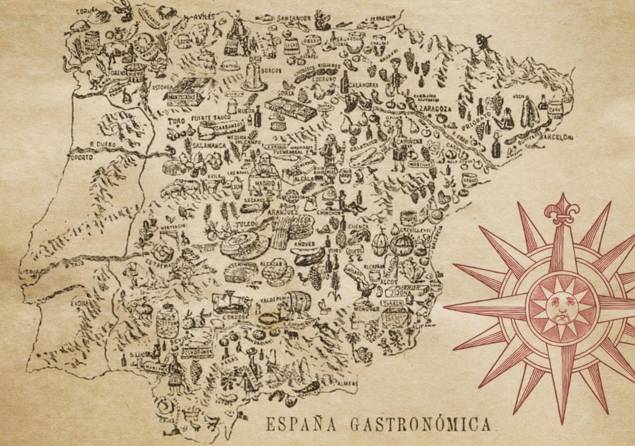 Mapa de España gastronómica, almanaque Bailly- Bailliere 1900.