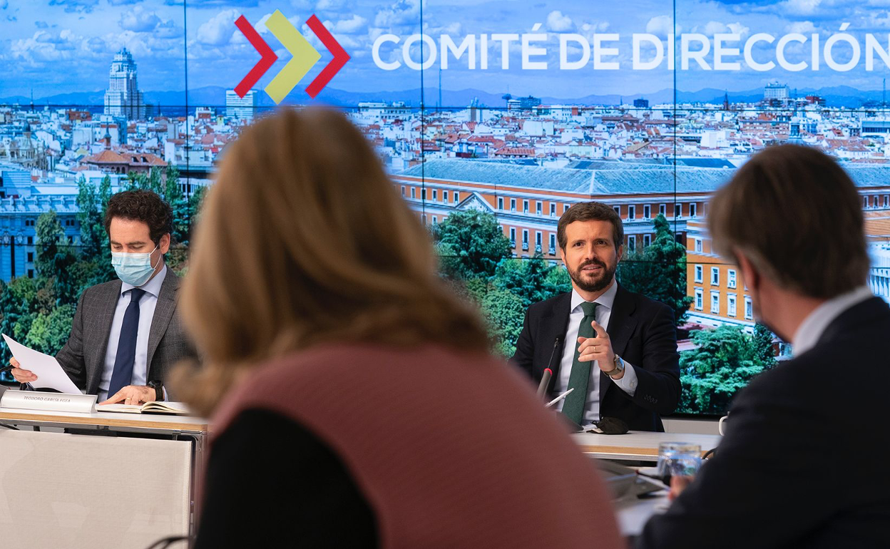 El líder del PP, Pablo Casado, durante el comité de dirección del partido. 