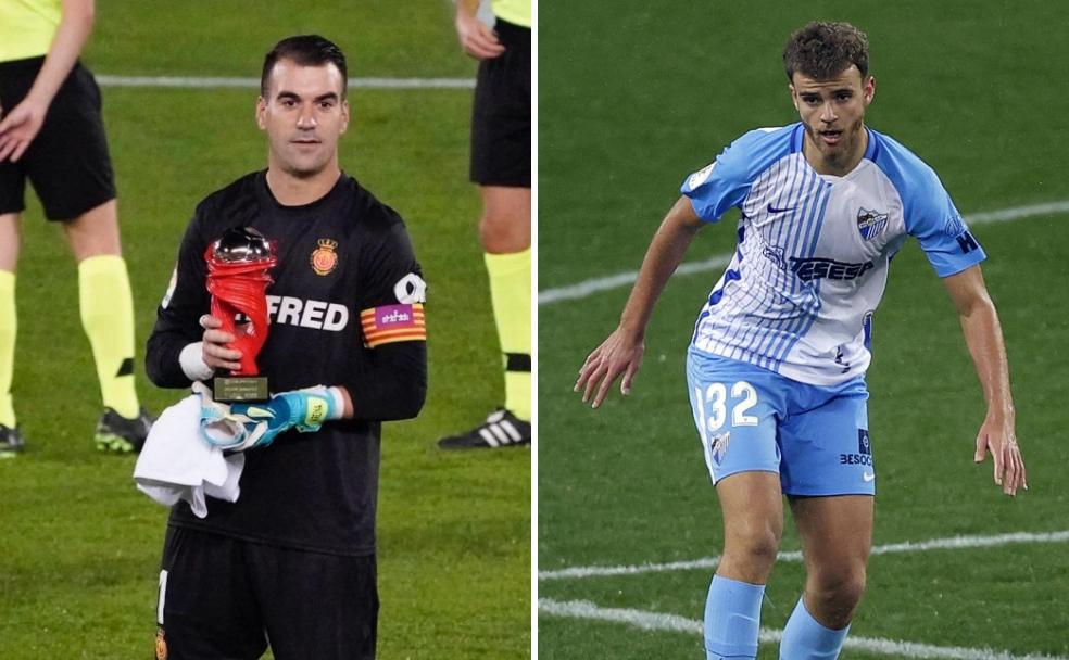 Los jugadores del Mallorca y Málaga, Manolo Reina y Alberto Quintana, en diferentes momentos de la temporada 20-21 en Segunda División.