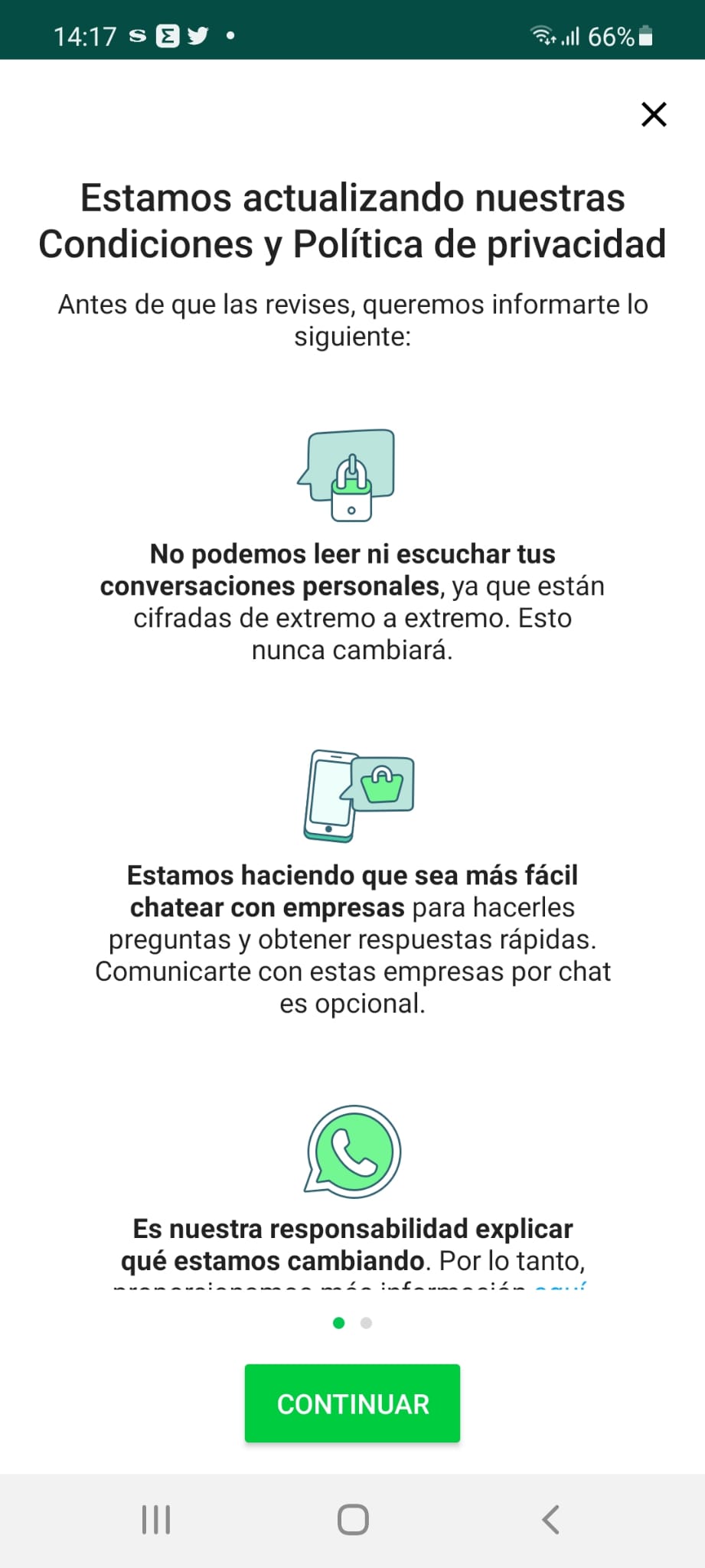 Mensaje que reciben los usuarios de WhatsApp para aceptar las nuevas condiciones de la aplicación. 