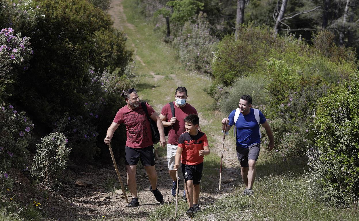 Un grupo de personas atraviesa un sendero en los Montes de Málaga. 