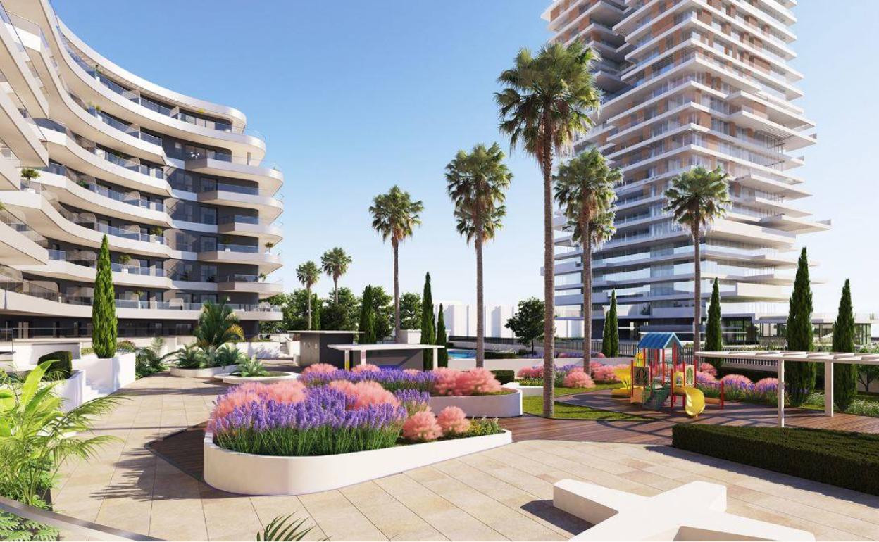 Recreación del proyecto de Torre del Río, visto desde el espacio en el que estaba previsto un hotel. 