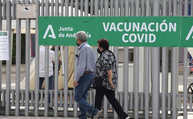 Imagen principal - Ciudadanos accediendo al Palacio de Ferias y toma de la temperatura al entrar. 