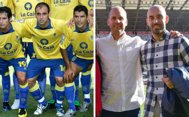 A la derecha, Dani López, durante su etapa en Las Palmas. A la izquierda, José Alberto Lóez y su hermano Dani en el estadio El Molinón durante la presentación del primero como técnico del primer equipo del Sporting de Gijón.