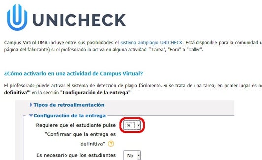 El profesor activa Unicheck en el campus virtual. 