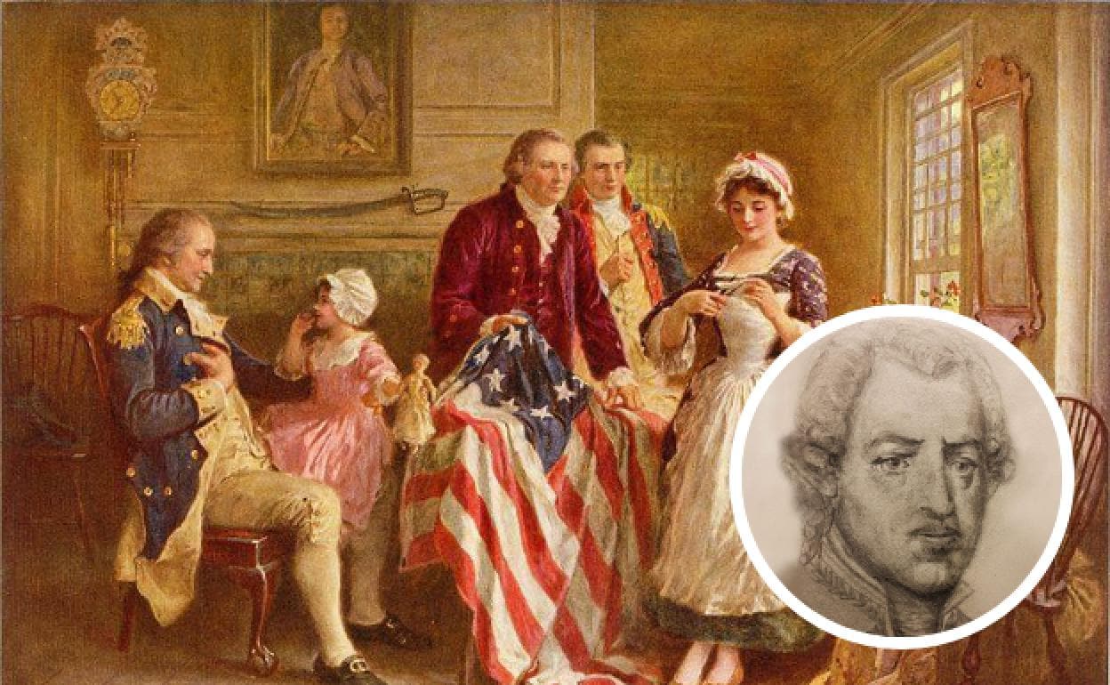 Óleo que recrea el nacimiento de la bandera de EE.UU, con Washington sentado a la izquierda. En el detalle inferior, Luis de Unzaga