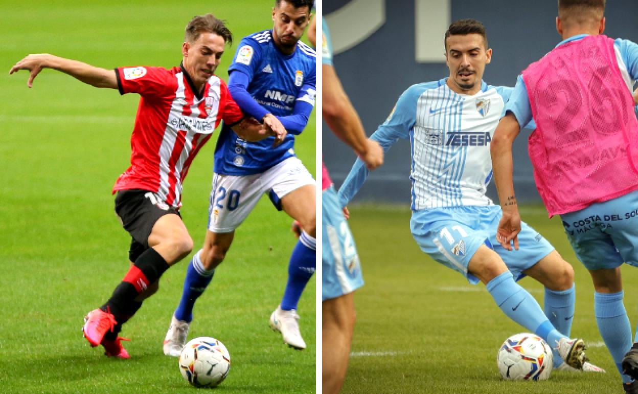 Paulino de la Fuente en un partido con el Logroñés frente al Oviedo (i) y Joaquín Muñoz con el Málaga durante la temporada pasada (d).