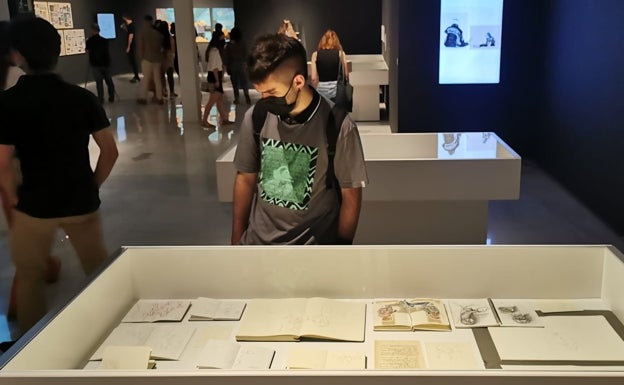 Uno de los asistentes de la exposición observando una de las obras 