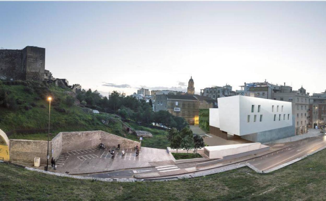 Recreación del proyecto del Neoalbéniz, en el que la fachada de color blanco se quiebra en planos ligeramente inclinados. 